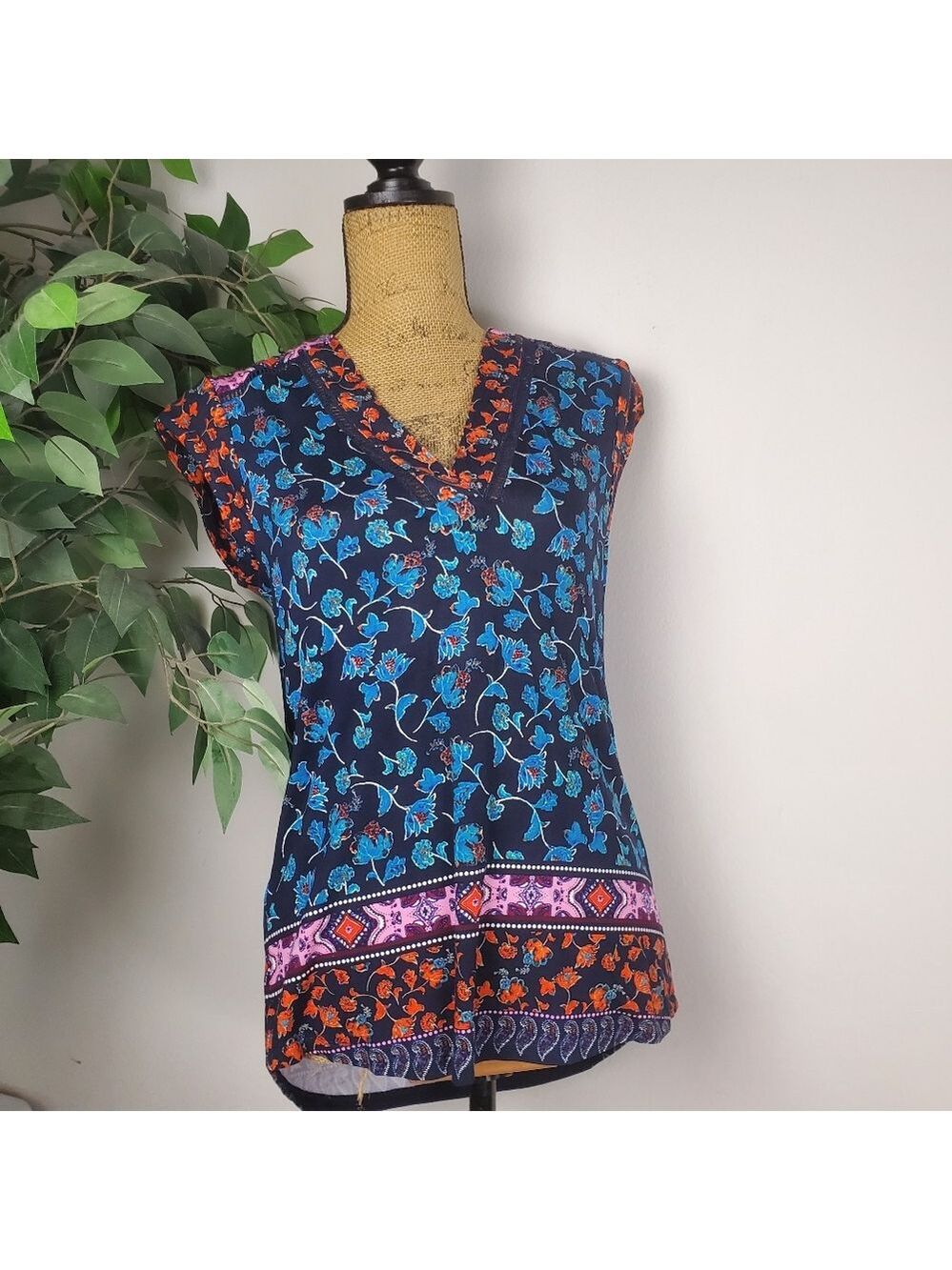 NEW Daniel Rainn Floral V-Neck Blouse - Blue and Orange Women's Size Small